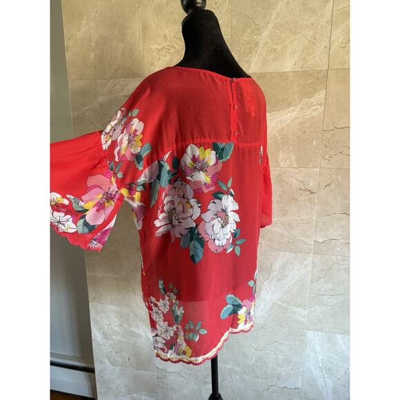 Johnny Was Passion Flower Eloise Top Small Red Embroidered Sheer Oversized Boho - Picture 10 of 15
